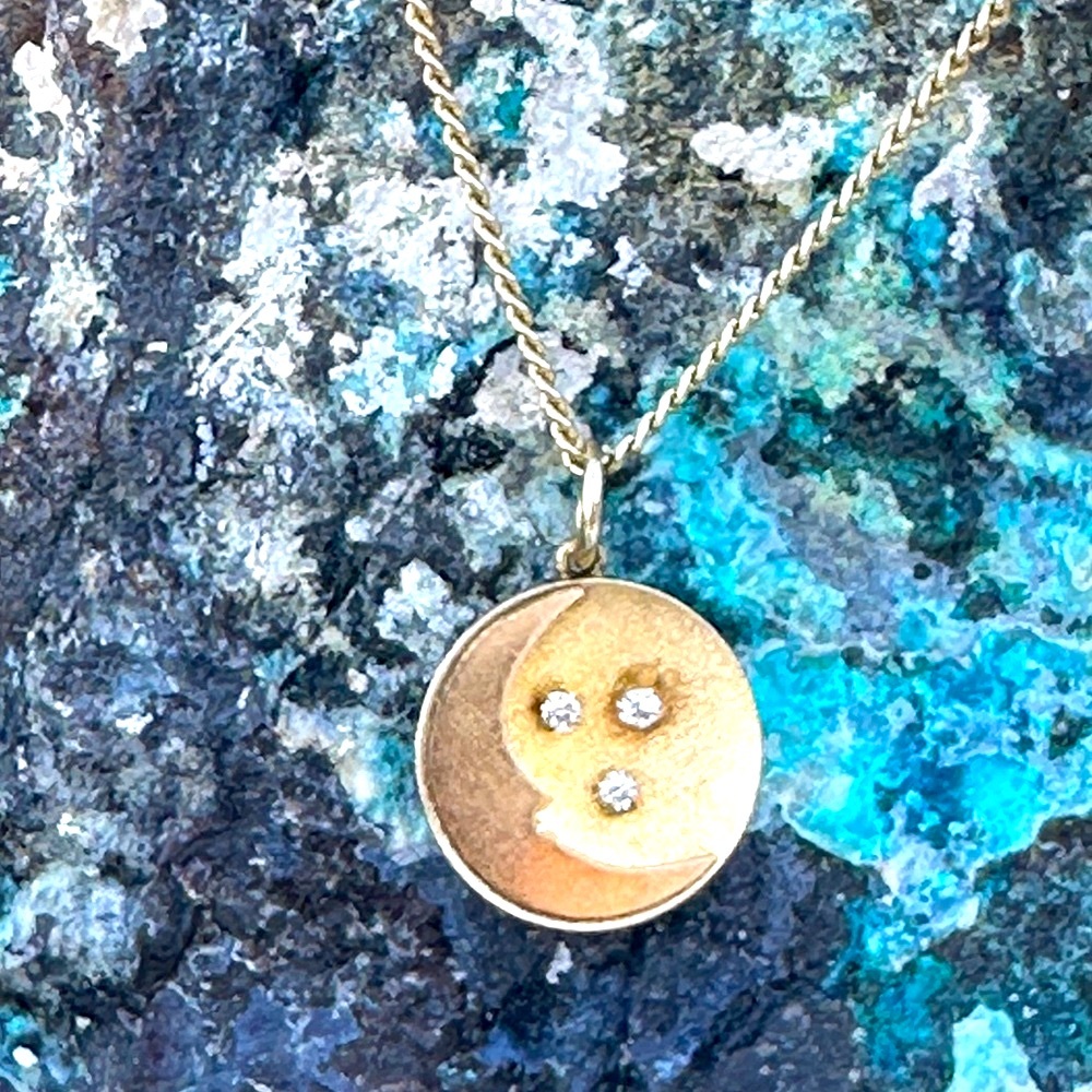 Vintage Moon & Stars Gold tone Pendant Necklace with Rhinestones on a Chain 13”